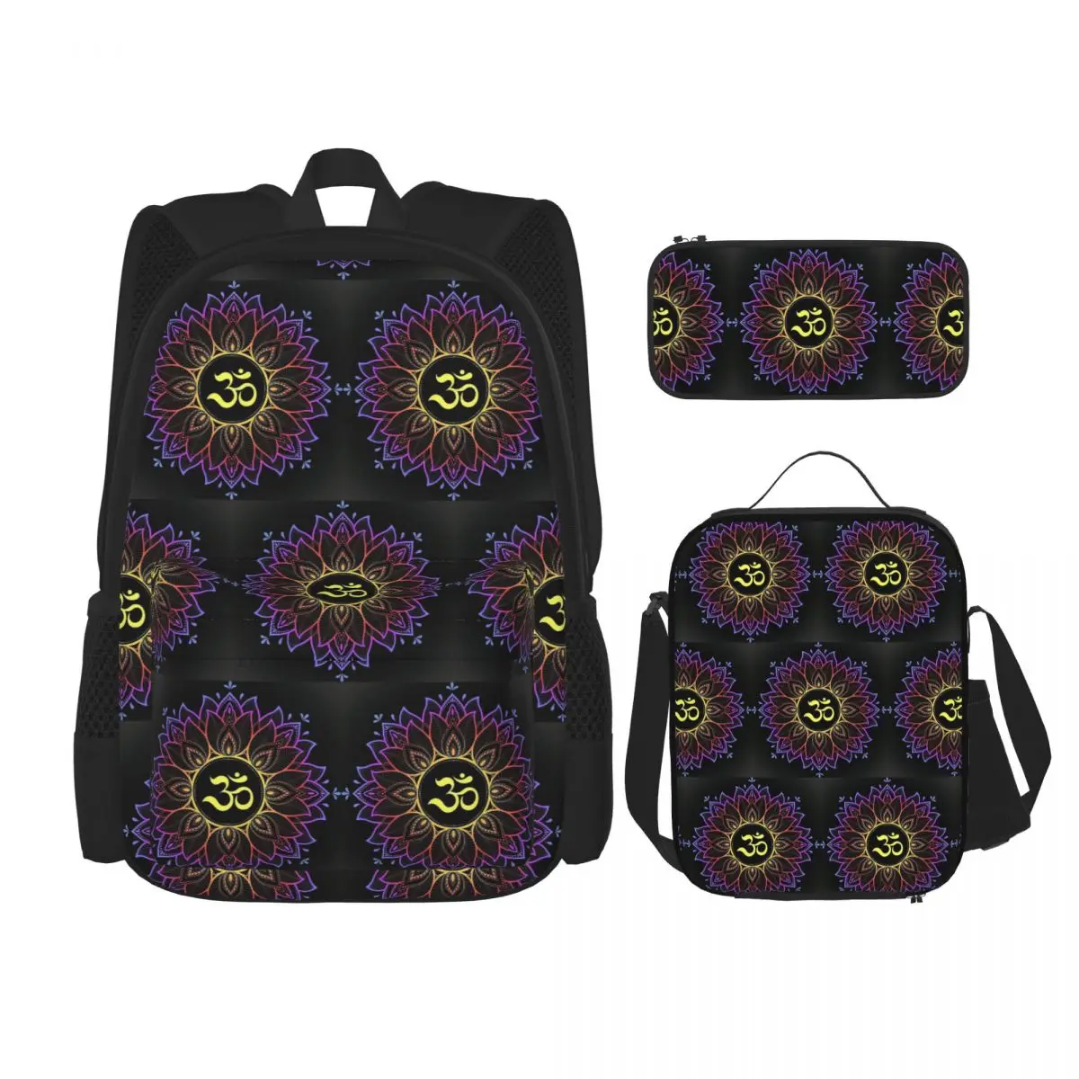 

Gold Golden Mandala Om Yoga Aum Ohm Henna Backpacks Kids Bookbag School Bags Rucksack Lunch Bag Pen Bag Three-Piece Set