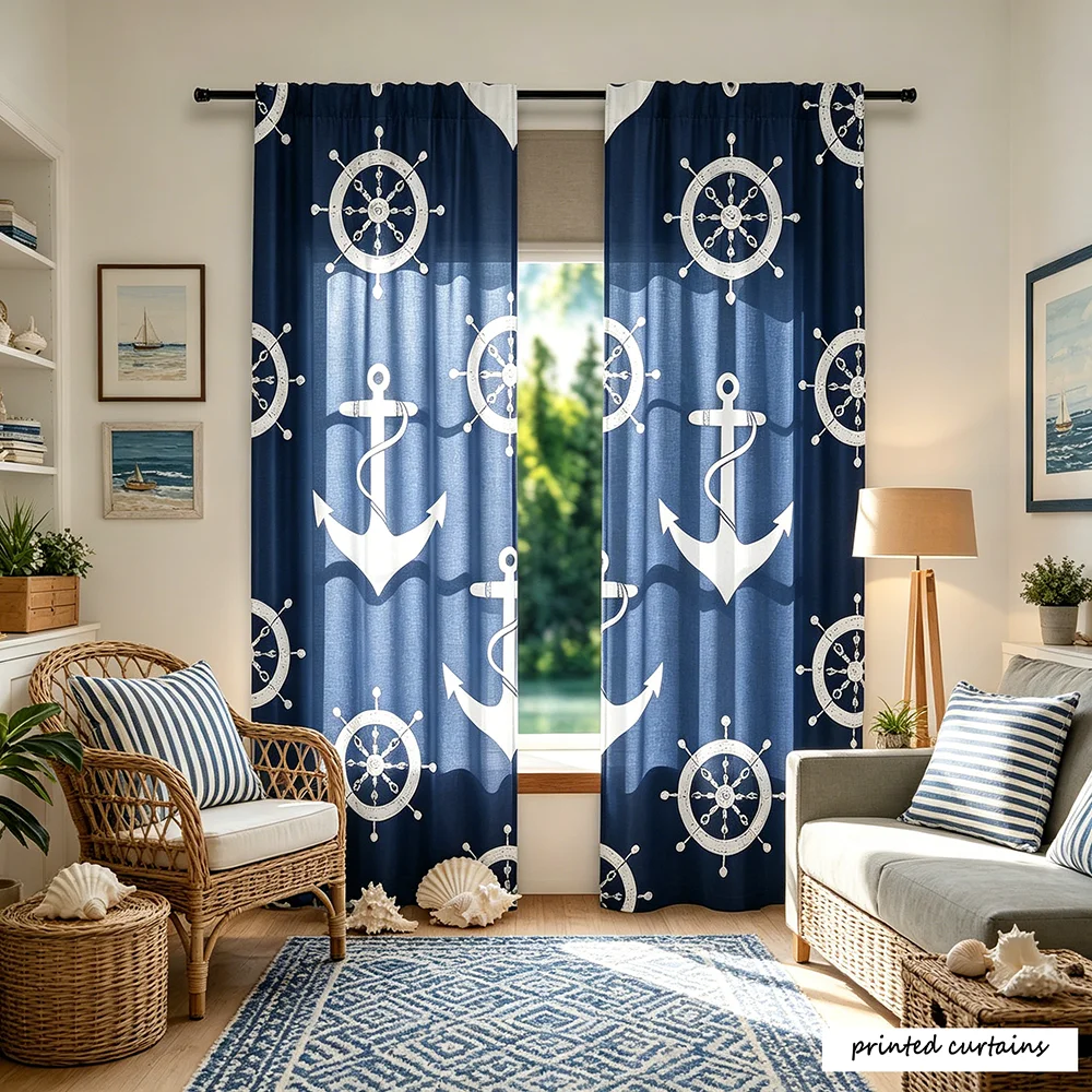 Anchor Curtains Vintage Rustic Ocean Nautical Style Navy Blue White Bedroom Living Room Bathroom Blackout Rod Pocket Decoration