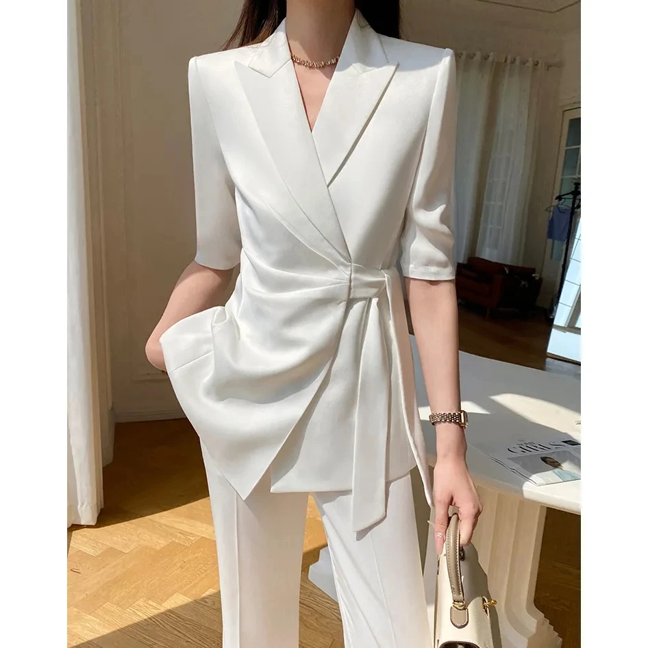 ZJYT Lace Up Blazer Suits Pant Sets 2 Piece Women Half Sleeve Jacket and Trousers Set White Outfit Spring Summer Work Wear