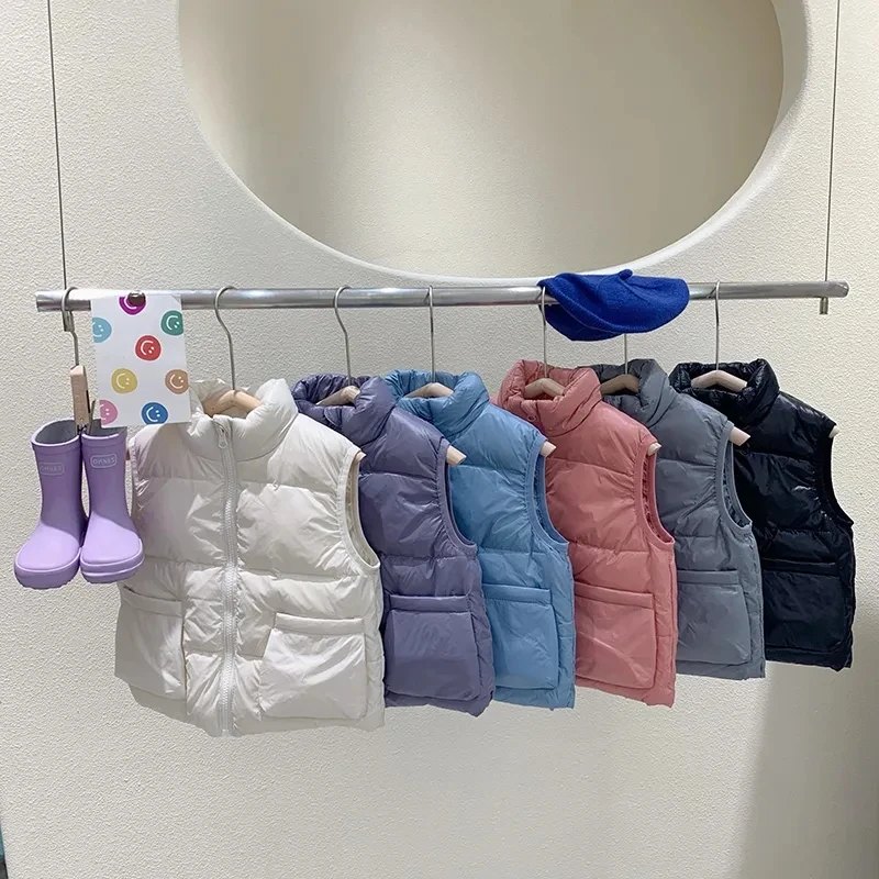 

Children's Autumn Winter Down Vest Fashion Simple Style Baby Solid Color Down Vest Boys Girls Thicken Warm Standing Collar Vest