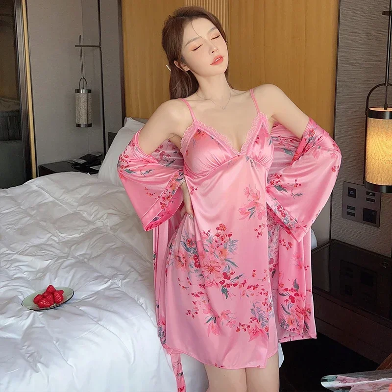 2PCS Silk Satin Sexy Lace Lingerie Nightgowns Robes Sets for Women Korean Cute Bathrobes Sleepwear Nightdress Night Dress Ladies