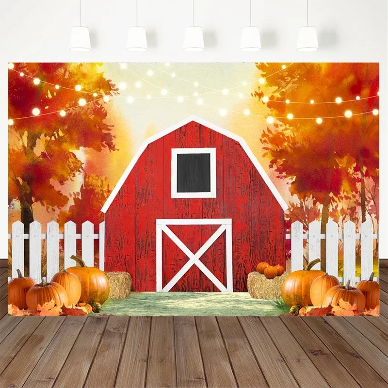 Mocsicka Autumn Decoration Photography Background Golden Forest Tree Pumpkin Red House Lights Fence Leaves Photo Backdrop Props