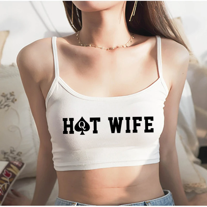 New Fashion Sexy Crop Top HOT WIFE Letters Print Summer Women's Sexy Elastic Cotton Camis Sleeveless Short Tank Top Bar Women