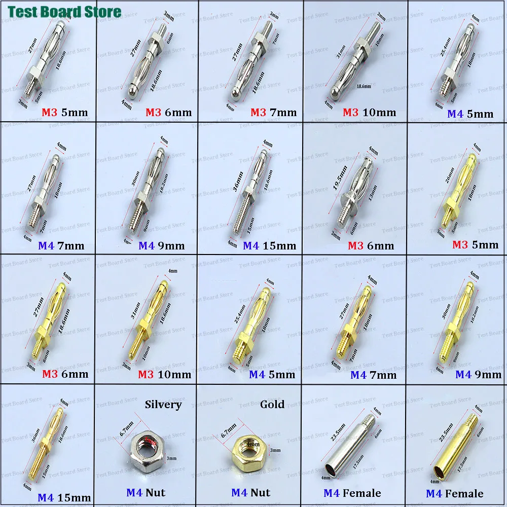 5pcs/lot M3 M4 Thread Male Connector  3mm 4mm Silvery/Gold Lantern Type Banana Plug  Audio Plug Solderless Electric DIY