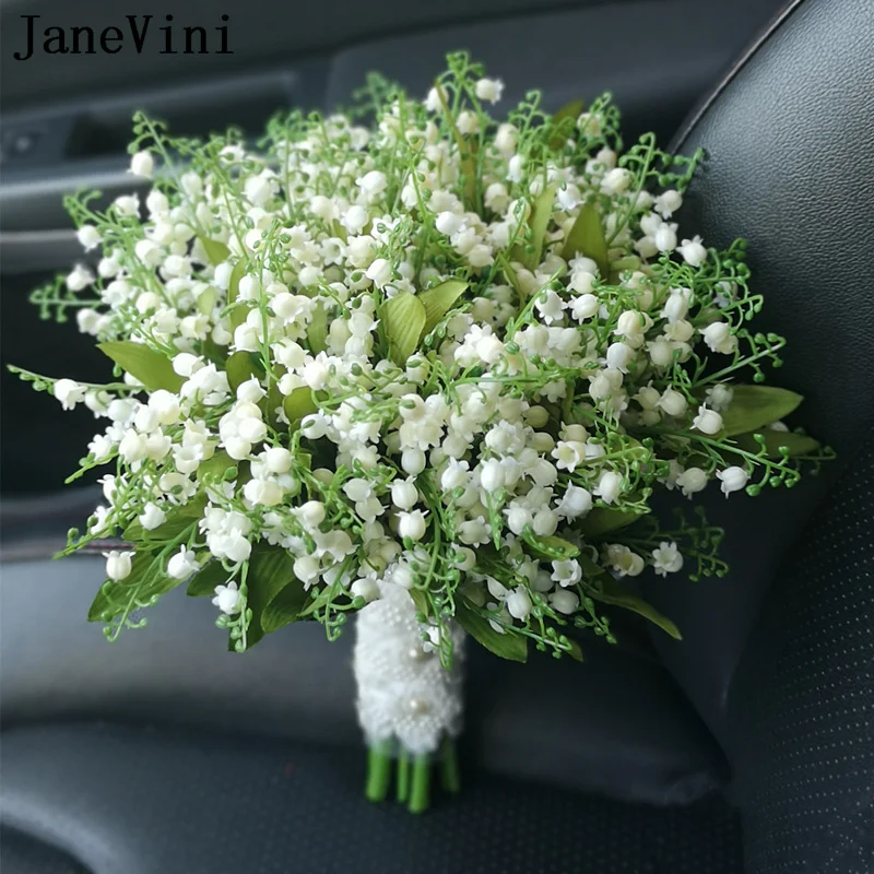 JaneVMini-Buquês De Casamento Branco, Artificial Calla Lily Tulipa, Flores da dama de honra, Praia Bouquet nupcial, Lírio do Vale