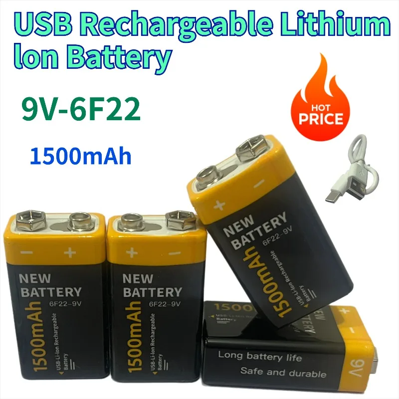 

New 9V 6F22 USB Rechargeable Li-Ion 9V 6F22 1500mAh Battery for Fire Smoke Sensor Gas Sensor Metal Detector Fire Equipment