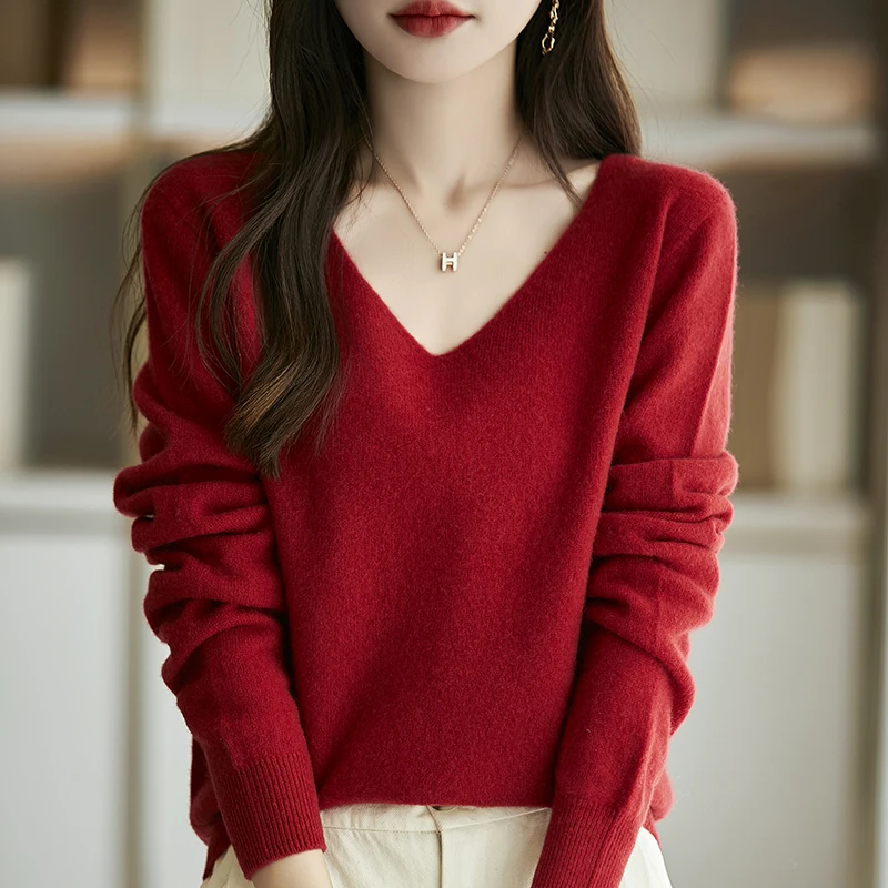 New Women\'s Wool Sweater V-neck Long Sleeve Pullover Soft 30% Merino Wool Knitwear Spring Autumn Cashmere Chic Tops