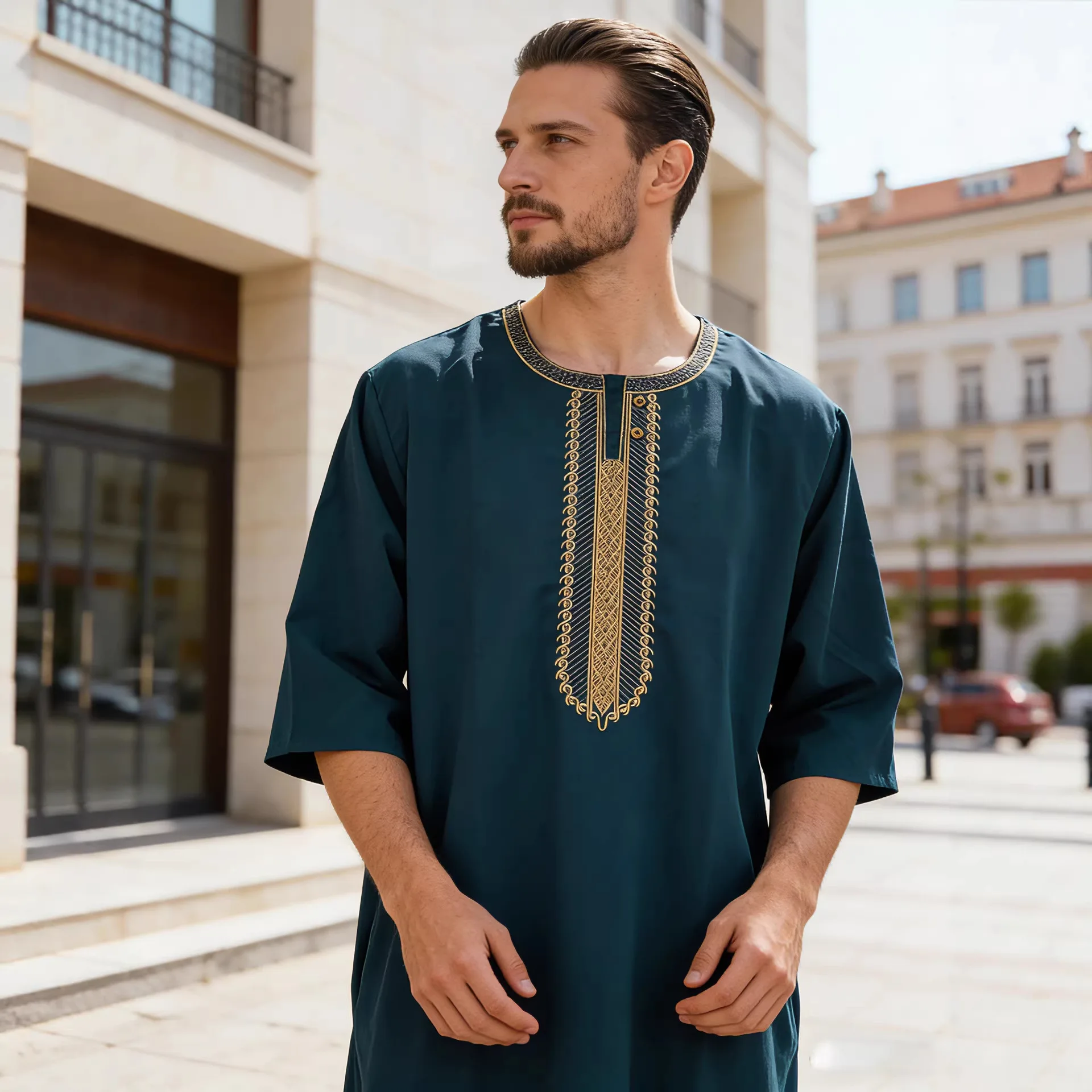 

2026 New Model Men's Clothing With Embroidered Mid-sleeves And Side Pockets Robe Abaya Ramadan Dubai Luxury Islam Elegant