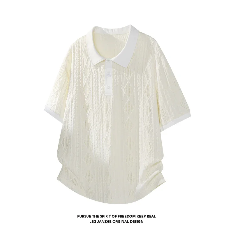 Mens Casual Polo Short Sleeve Shirt Diamond Embossed Jacquard Texture Button Placket Loose Cut For Weekend Gathering Outing