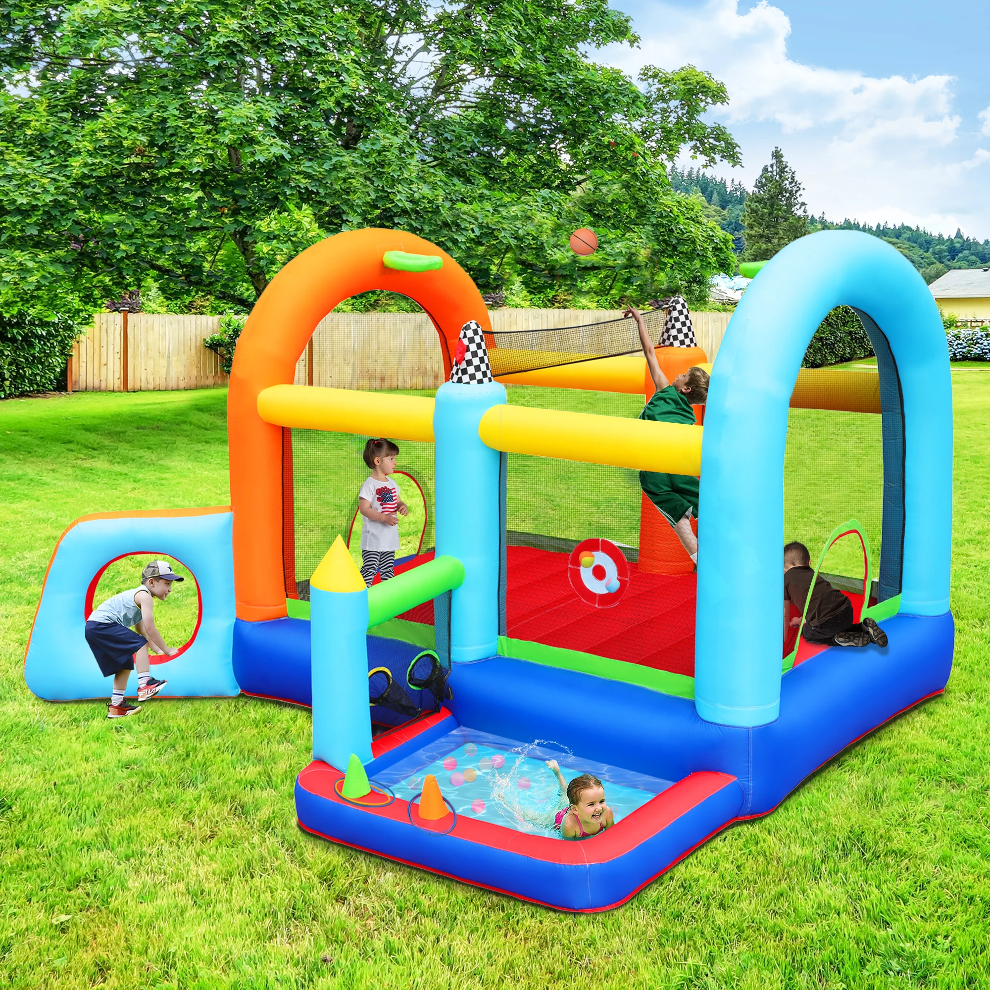 

Inflatable Jumper Bounce House - Playground Backyard Playhouse Park Jumping Castle with Splash Pool & Beach Volleyball Plus Heav