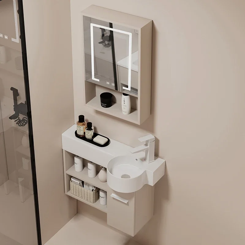 Small apartment cream wall-mounted ceramic wash basin cabinet narrow and long corner solid wood toilet cabinet