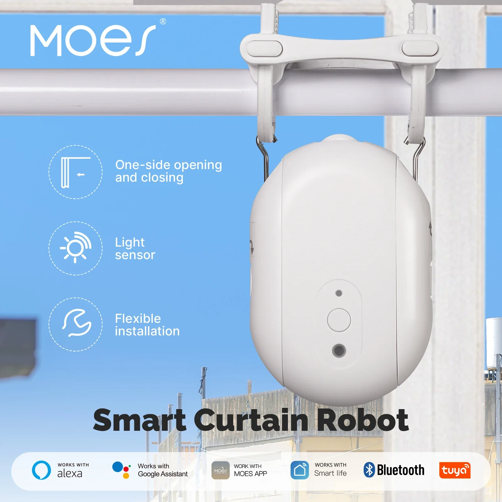 MOES Tuya Bluetooth Smart Electric Curtain Robot Timing Auto Opener Light Sensor App Remote Control Support Alexa Google Home