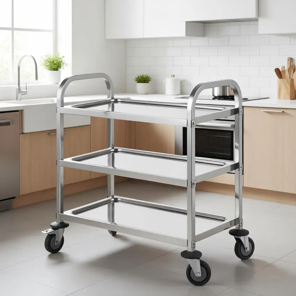 

Serving Trolley, 30 L x 16 W x 33 H, 3 Tiered Kitchen Utility Cart, Rolling Casters with Brake Wheel, Suitable for Commercial, R