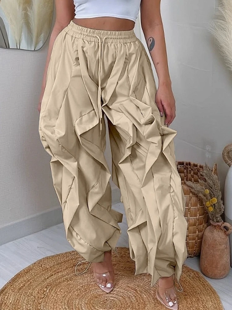 Pantalones con encuadernación de farol de cintura alta para mujer, Pantalones rectos de satén fucsia brillante, pantalones largos informales de moda Palazzo, novedad de primavera y otoño