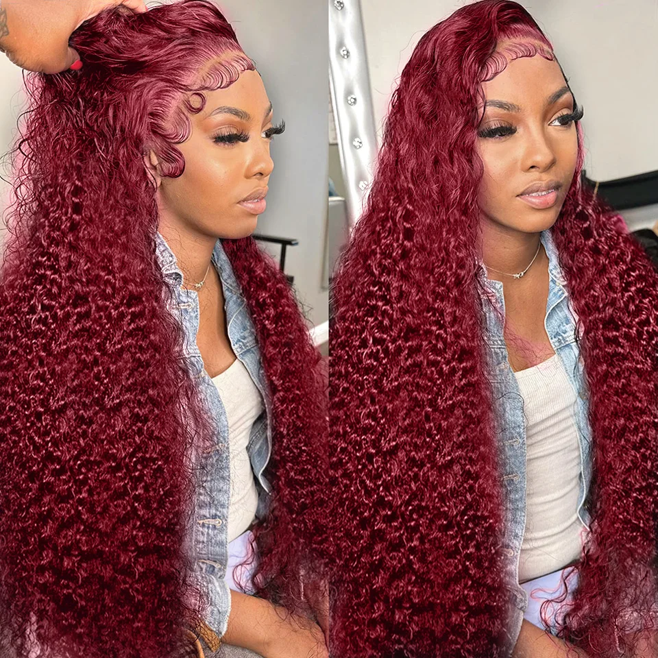 13x6 13x4 HD Deep Wave Lace Frontal Wig Colored Burgundy Lace Front Wig Brazilian Red 99J Curly Lace Front Human Hair Wigs