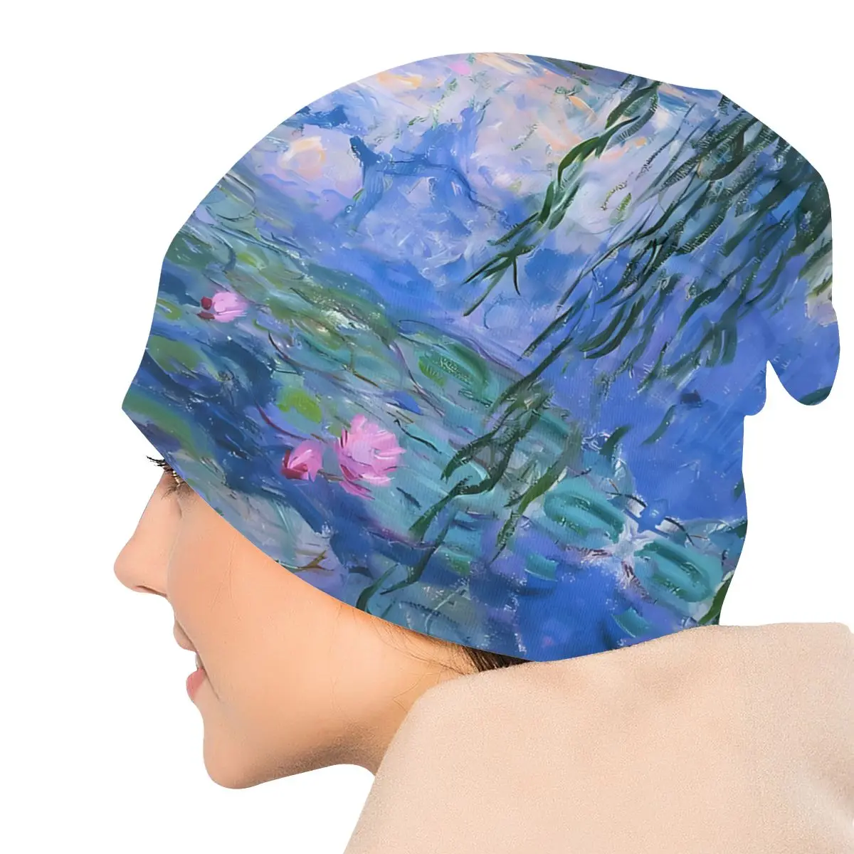 Purple Pink Sport Beanie Caps Claude Monet Water Lilies Lotus Oil Painting Skullies Beanies Ski Caps Soft Thin Bonnet Hats