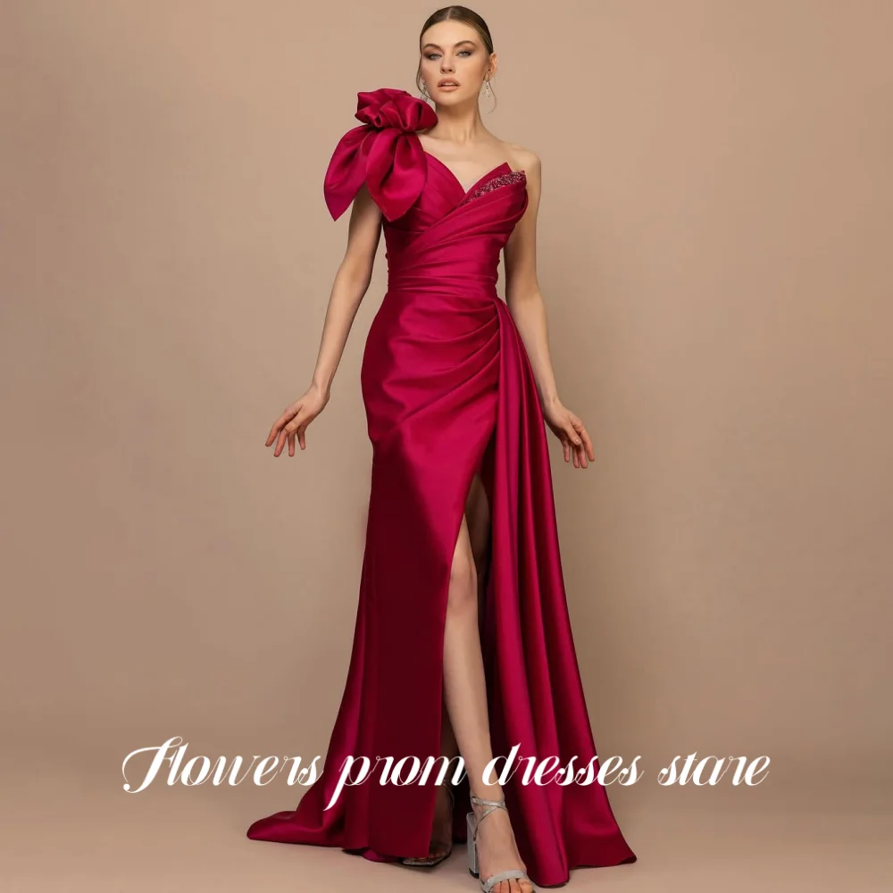 

Flowers Red Prom Dresses Trumpet Party Dress Split Evening Dress One Shoulder with Pleats Formal vestido de fiesta Customized