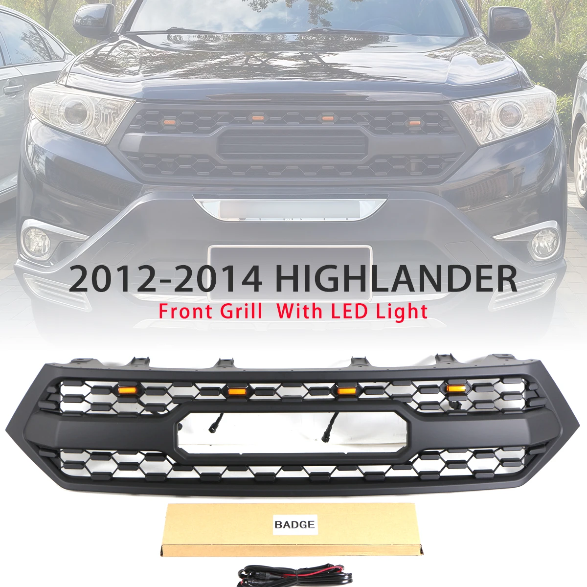 

Front Grille Fit For 2012 2013 2014 Toyota Highlander Matte Black Grille W/Lights