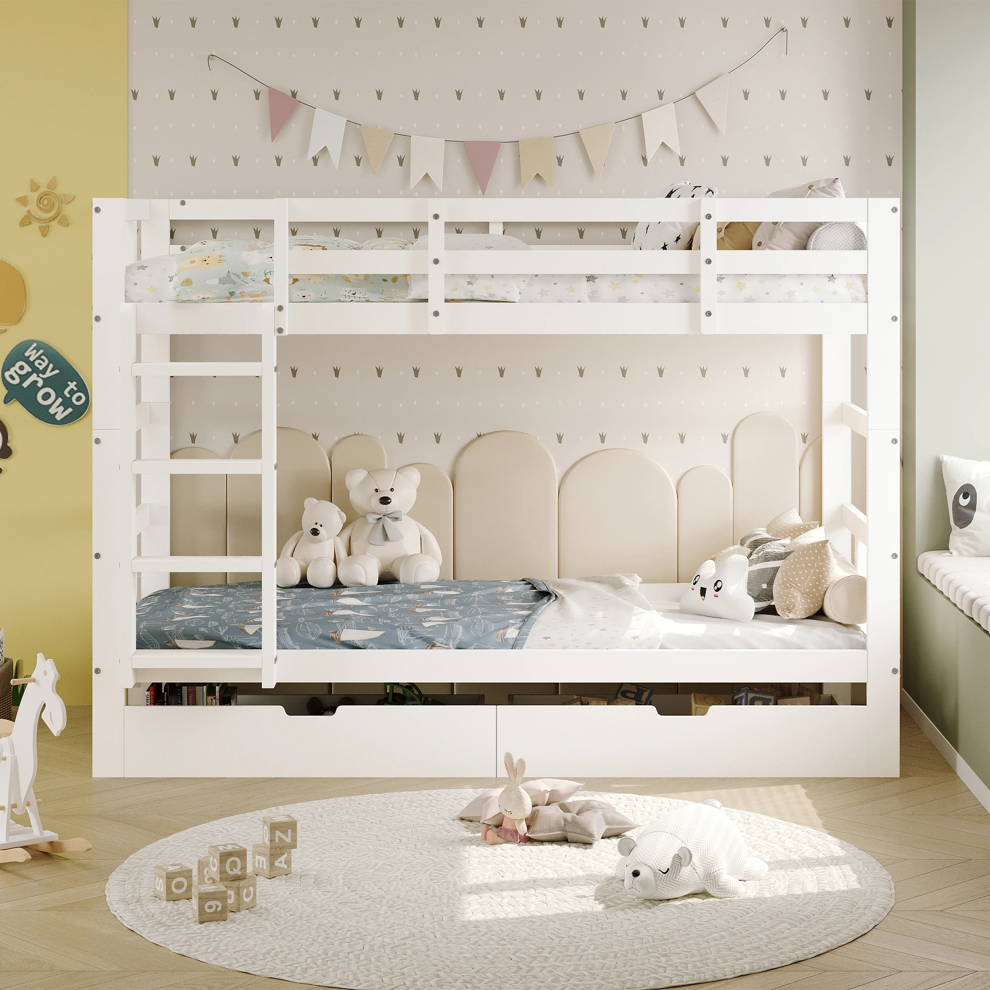 Comanlai 90×200 cm Kinder-Etagenbett, mit Treppe und Schutzgeländer, umwandelbar in 2 Einzelbetten, 2 Schubladen und Lattenrost