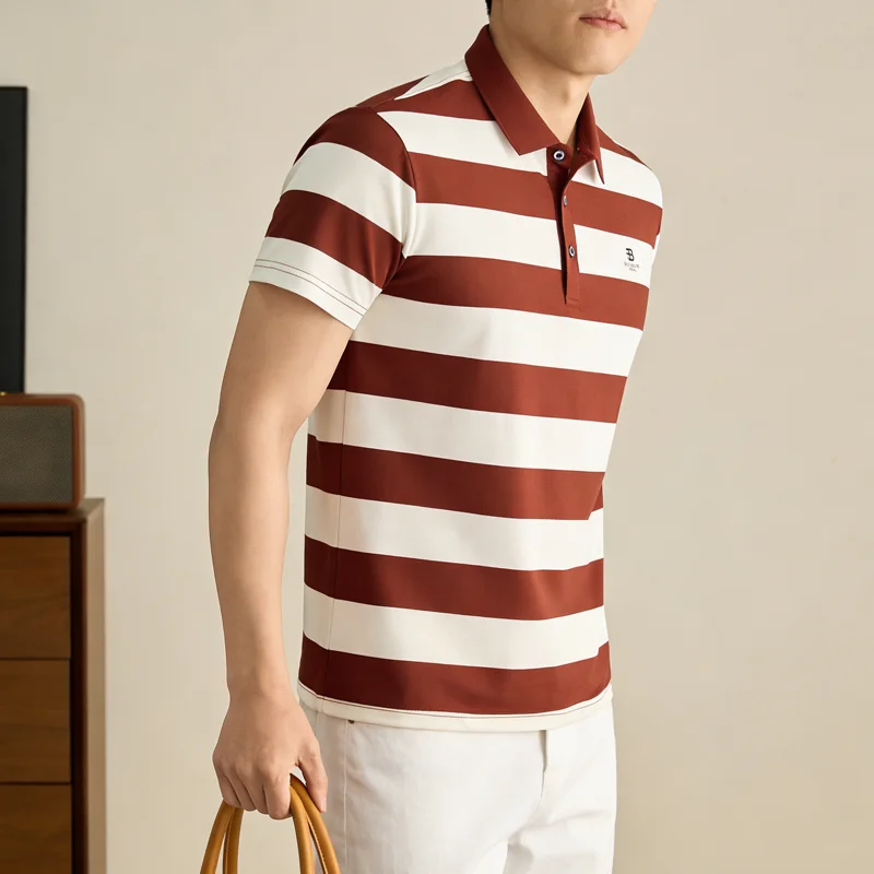 Men's Golf Polo Shirt with Collar, Short Sleeves and Wide Stripes – Breathable Summer Casual Business T-shirt