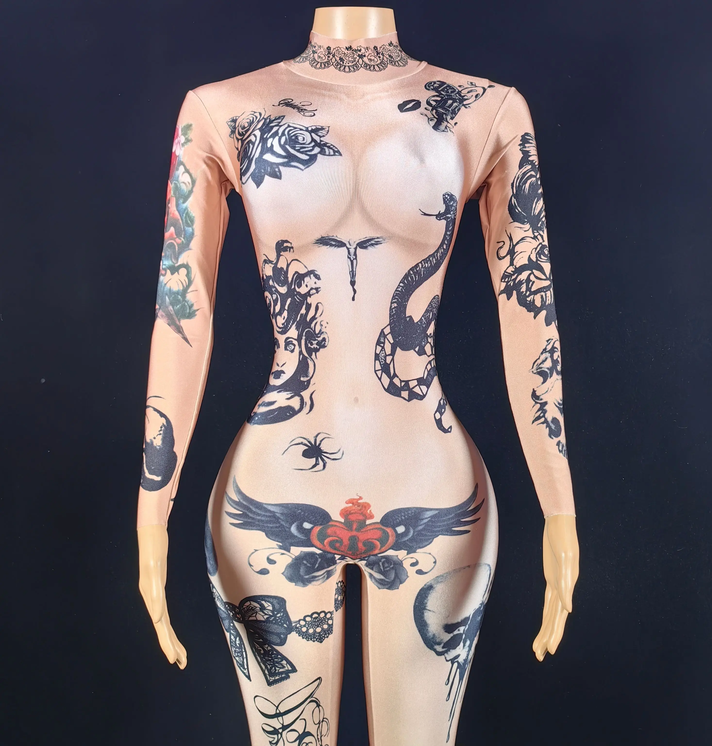 Mono Sexy con estampado 3D de tatuaje desnudo para mujer, traje de fiesta para club nocturno, ropa de escenario, ropa de actuación para bailarina y cantante, celebración