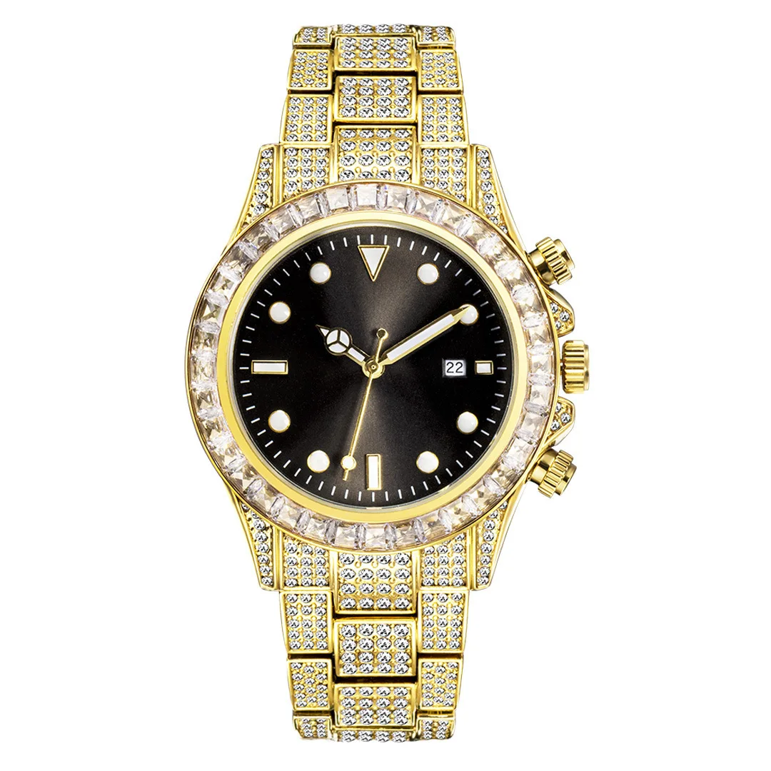 Full Diamond Quartz Watch for Men Green Sunburst Dial Large Face Luminous Stainless Steel Fashion Casual Wristwatch