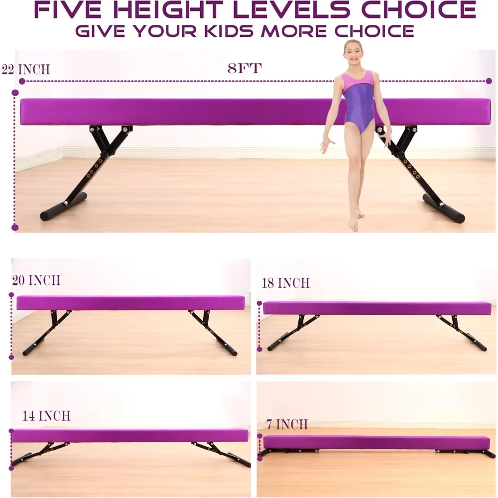 

8 Ft Gymnastic Balance Beam with Adjustable Height From7 inch to 22 inch for Kids Children Home Practice, Adjustable Balance