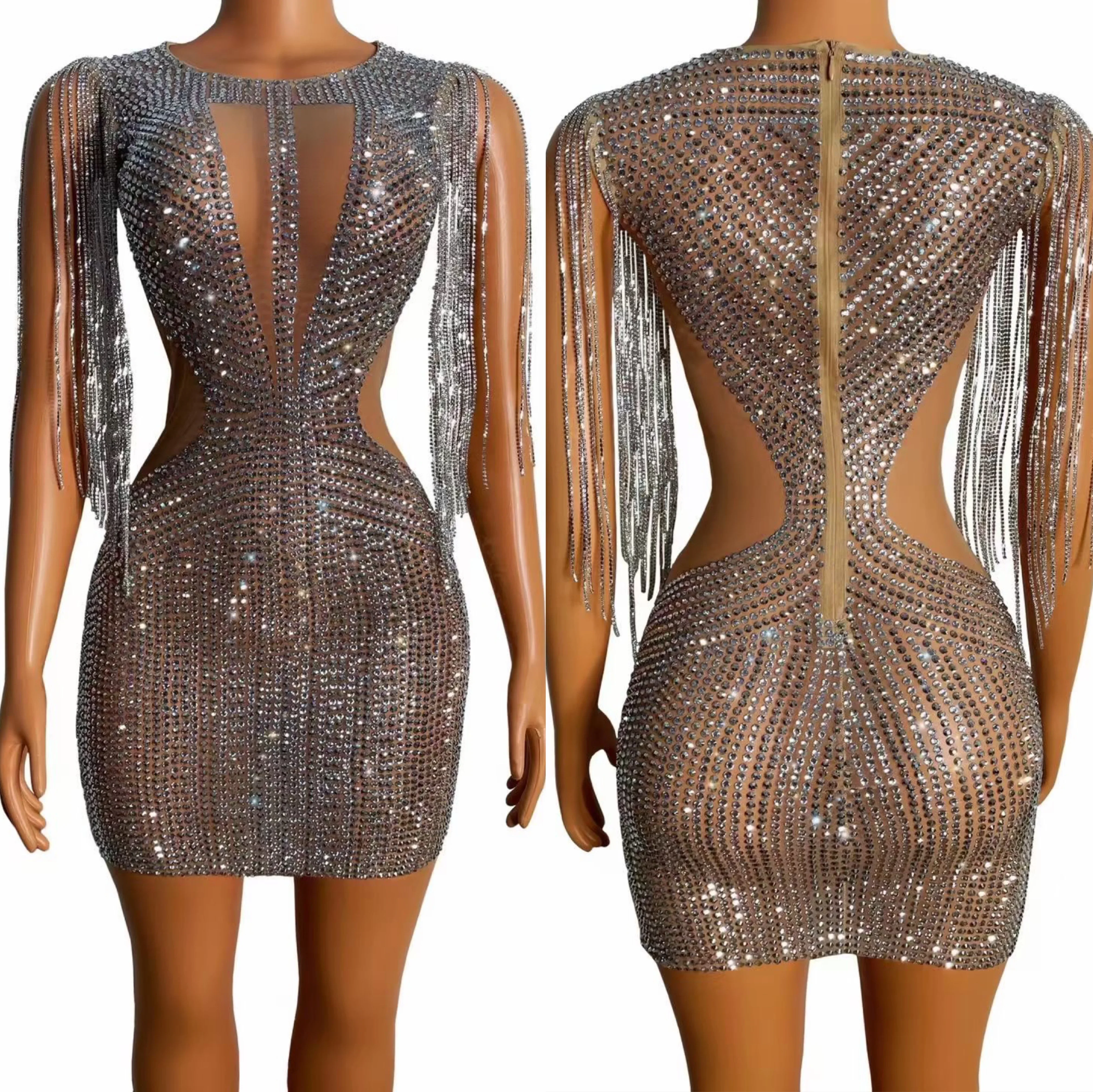 

2025 Women Nude Shining Rhinestones Tassel Sexy Sheath Dress Nightclub Party Clothing Prom Singer Concert Music Stage Costumes