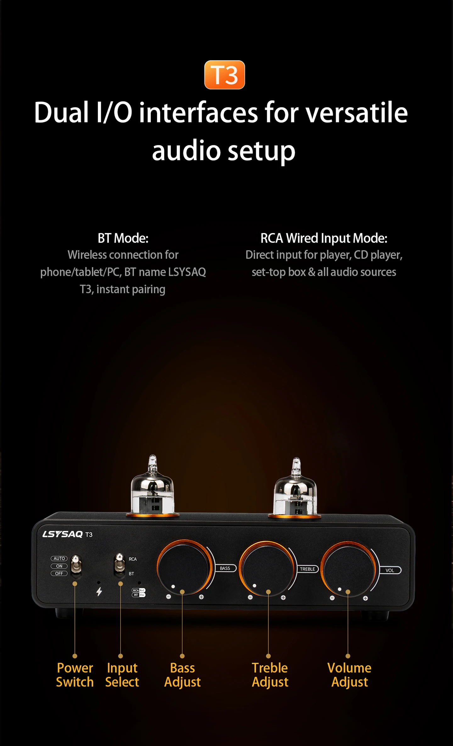 LSYSAQ T3 Vakuumröhren-Vorverstärker Bluetooth 5.4 6J1 Röhren-HiFi-Stereo mit Klangregelung LDAC APTX‑HD Audioeingang für Heimverstärker – Detail 4