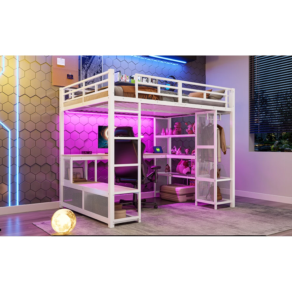 140 x 200 cm großes Hochbett aus Metall mit Stauraum und offenem Kleiderschrank, Kinderzimmerbett mit USB-Anschluss und LED-Beleuchtung, Schwarz/Weiß – Detail 27