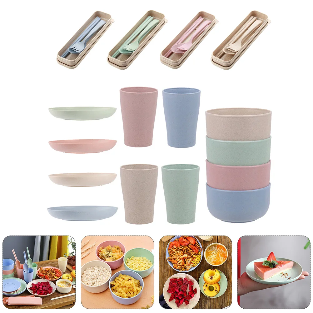 

Portable Wheat Dinnerware Set Smooth Food Bowls Easy Clean Home Use Tableware Kits Practical Convenient Tableware Set Water Cups