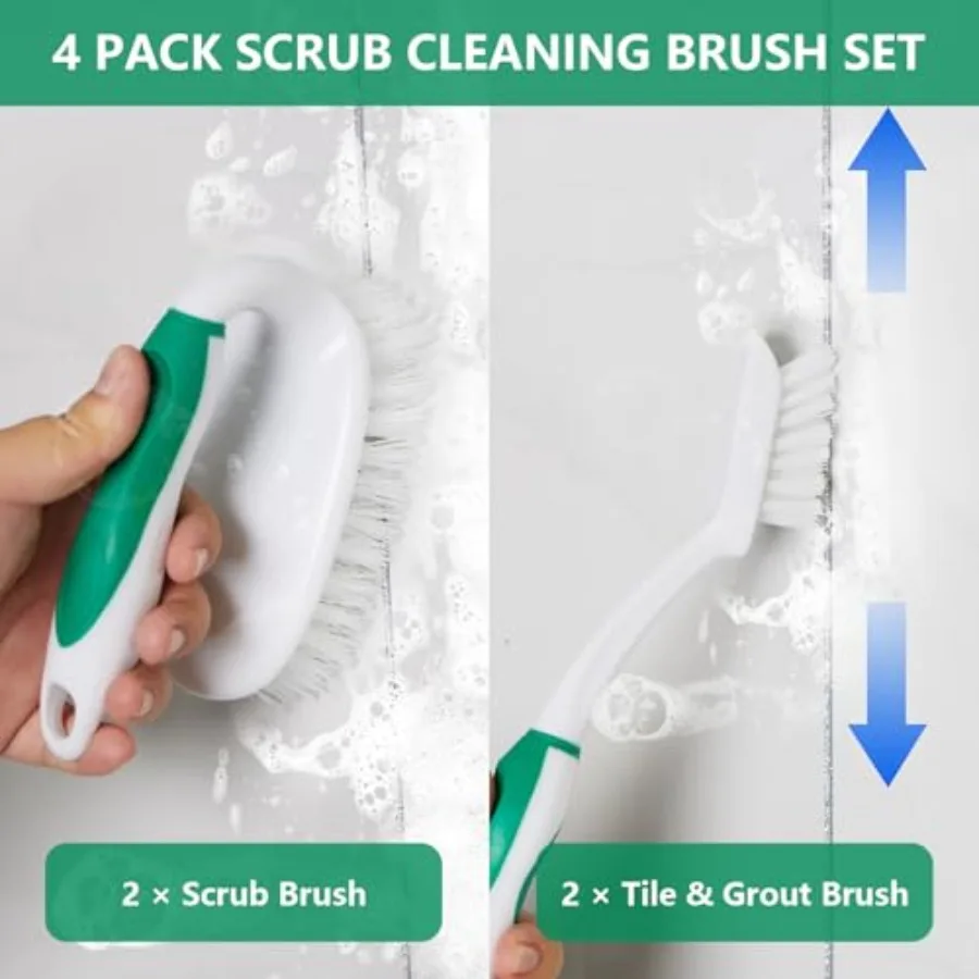 Scrub Brush Set, 4 Pack Deep Cleaning Brush Kit - 2 Scrub Brush, 2 Tile and Grout Brush with Built-in Scraper, Household Commer