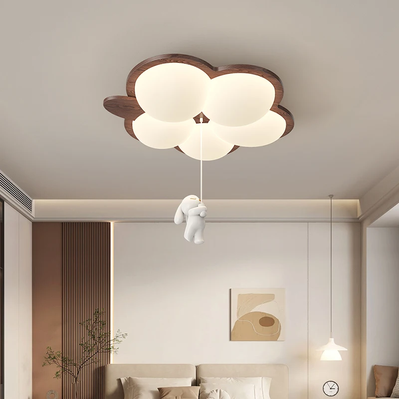 Cream Style Bedroom Ceiling Light Children\'s Room Light Retro Walnut Wood Color Creative Cartoon Rabbit Warm Eye Protection Lamp
