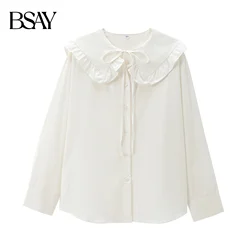 BSAY Women Fashion Spring Autumn Long Sleeve Single Breasted Lace Up Doll Collar Blouse Street Clothing Shirt Chic Ladies Top