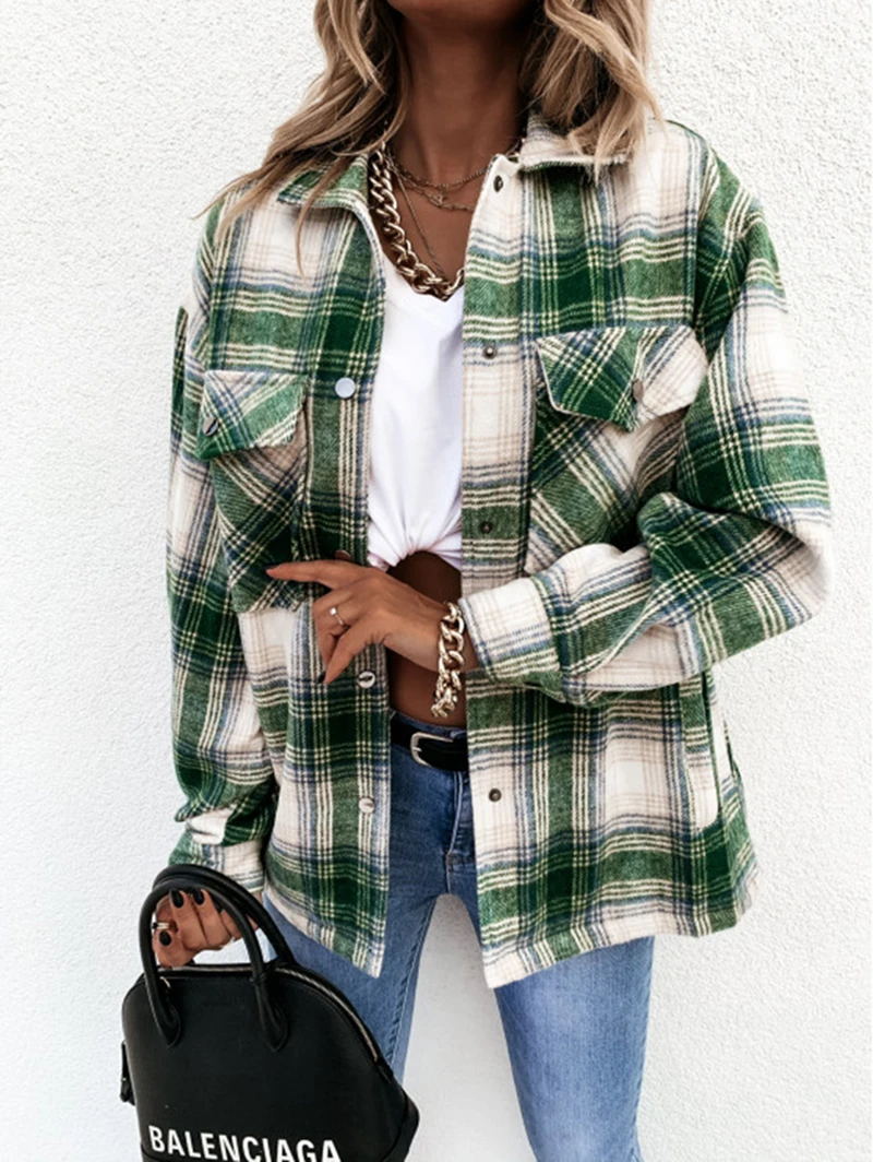 Instagram influencer autumn and winter loose fitting retro plaid long sleeved shirt jacket women\'s metal buckle wool jacket