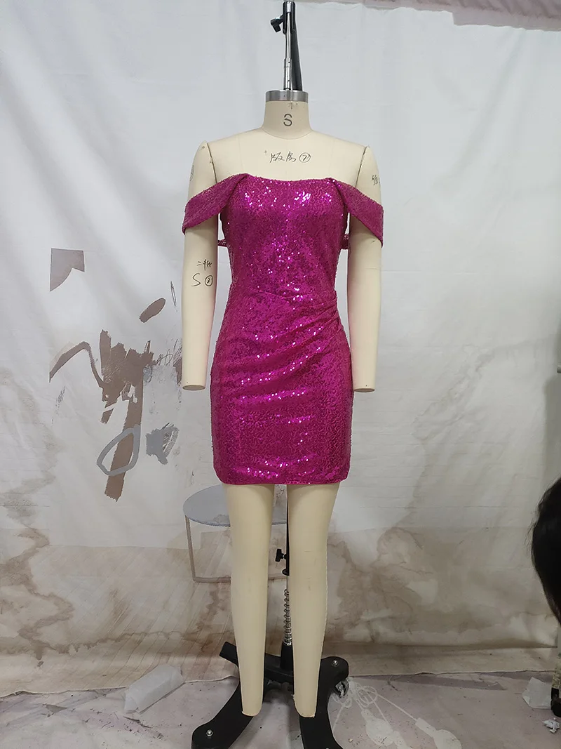 Eleganti abiti da festa da donna Slim con paillettes rosa Sexy con spalle scoperte Mini abiti da sposa abiti aderenti dritti di moda