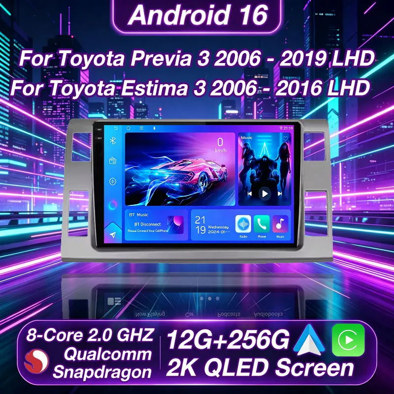 Wireless CarPlay Android Auto For Toyota Previa Xr50 3 III Estima 2006-2019 Android 16 Qualcomm Player Car Radio 2 DIN Autoradio