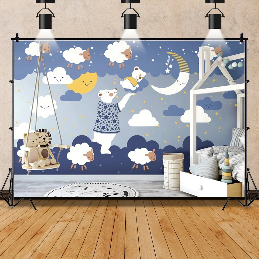 Laeacco Newborn Photography Background Birthday Poster Moon Stars Blue Clouds Baby Shower Cartoon Backgrounds Photocall Backdrop