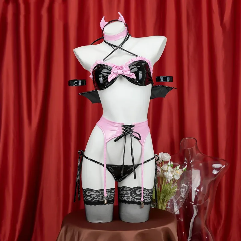 l2025l Nuovo Sexy Hell Rider Succube Lingerie Gioco di ruolo Abiti Amine Demone Set Costume Cosplay Ecopelle Hollow Scuro Underwea