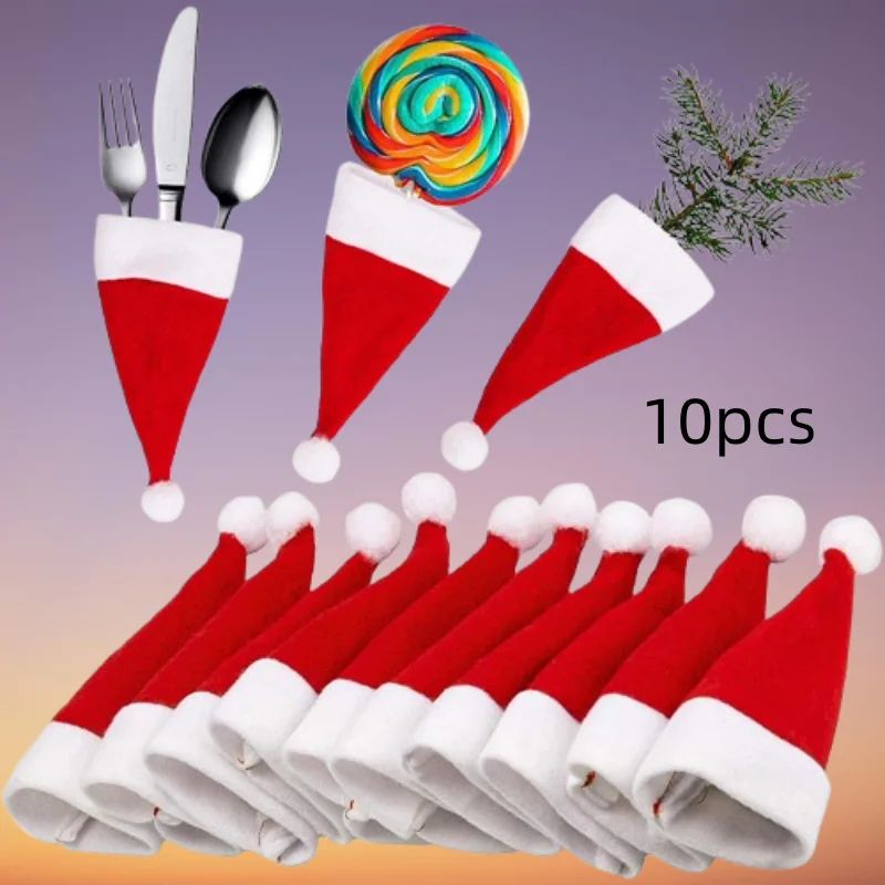 10Pcs Christmas Hats Mini Santa Claus Hat Lollipop Caps Wine Bottle Covers For Xmas Dinner Decoration New Year Party Supplies