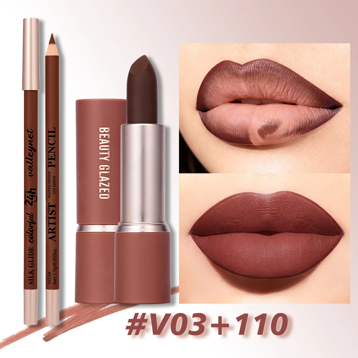 2Pcs/Set Matte Velvet Lipstick and Lip Glaze Set Long Lasting Waterproof Pink Tones Everyday Makeup Look Lip Combo Set - view 4