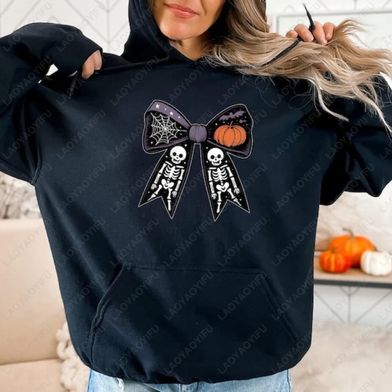 

Декоративная толстовка на тему Хэллоуина для мужчин и женщин с бантом и паутиной и скелетами, милая жуткая осенняя толстовка с капюшоном, подарки
