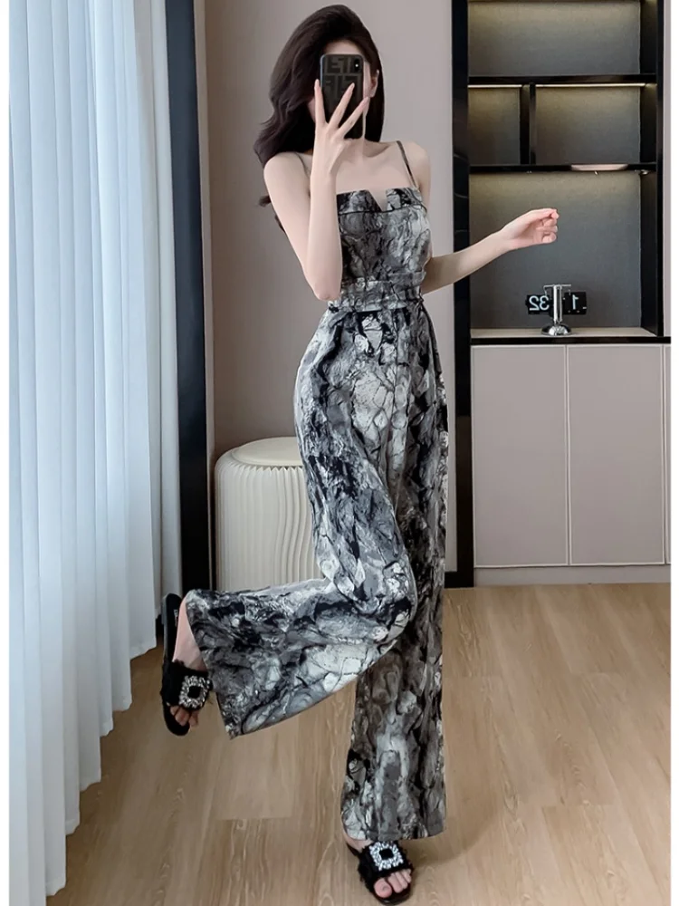 Summer Thin Ink and Wash Printing Jumpsuits Women Korean Loose Straight Overalls Woman Fashion Baggy Jumpsuit