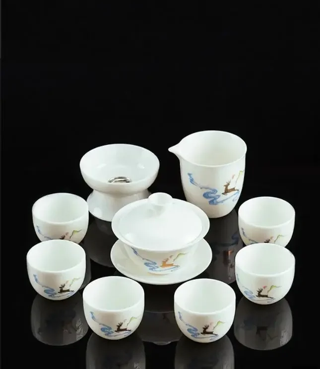 

10Pcs High-quality White Porcelain Kungfu Tea Set CreativeOffice Teaware Set Bone china Teacup Gaiwan Strainer Fair Cup