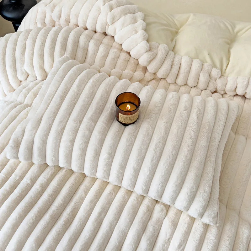 Juego de ropa de cama de pelo de conejo suave, ropa de cama esponjosa y cálida de invierno, juego de sábanas de cama doble, funda de edredón, juego de sábanas con funda de almohada