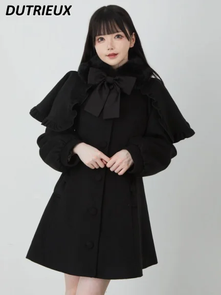 Autumn Winter Japanese Long Sleeve Single-Breasted Cape Jacket Loose Overcoat Mid-Length Sweet Girl Black Bow Woolen Coat