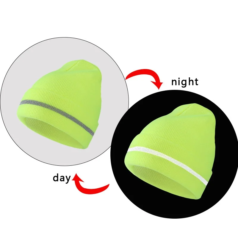 Reflektierende Strickmütze, Sicherheitsmütze für Erwachsene, hohe Sichtbarkeit, Neon-Winter-Strickmütze mit Herren und Damen für Nachtlaufsport – Detail 2