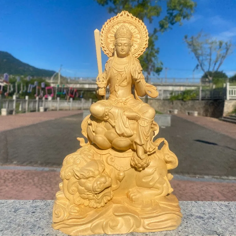 Hand-Carved Hinoki Manjushri & Samantabhadra Bodhisattva Statue - 9.8