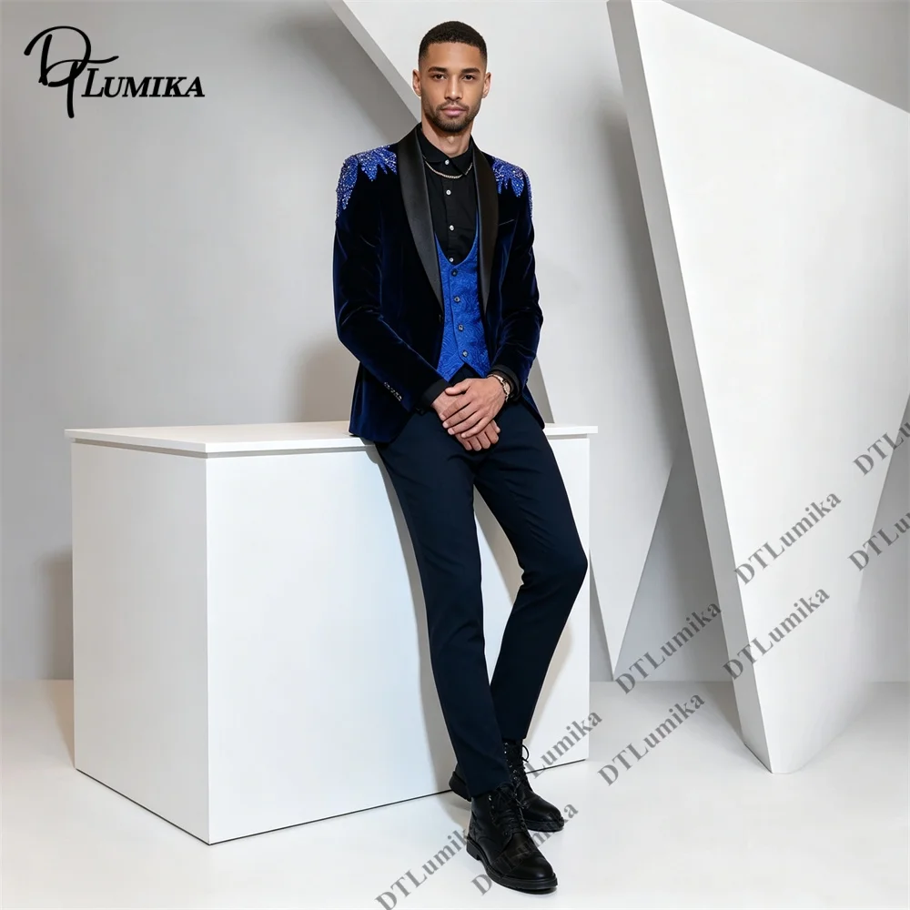 Peagent Men 3 Piece Velvet Suit Black Satin Lapel Beaded Shoulders Jacquard Vest Blazer Pants Set Wedding Party Formal Wear