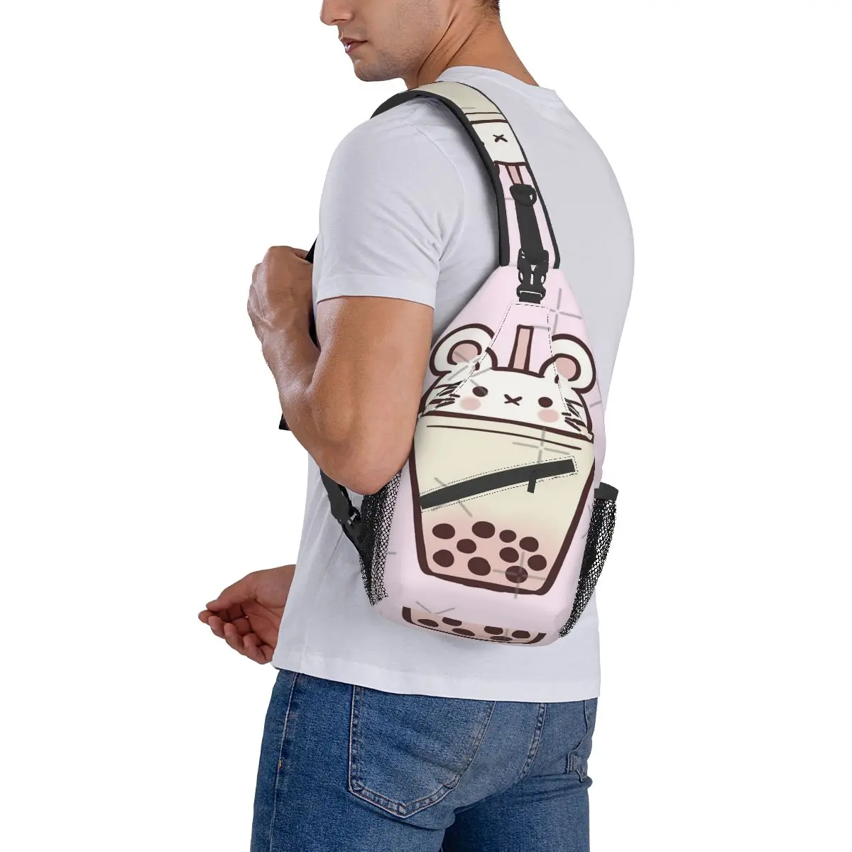 Boba Mouse Illustration Chest Bag Modern With Zipper Mesh Bag Travel Cross chest bag Customizable